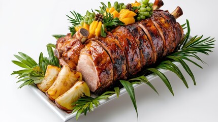 A beautifully sliced roasted pork loin garnished with fresh tropical fruits and green leaves is served on a white platter, creating an inviting culinary presentation.