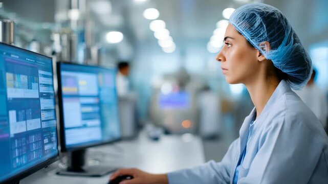 Focused female scientist in modern laboratory analyzing data on computer monitors, wearing protective clothing and cap. Advanced technology and innovation drive scientific research progress