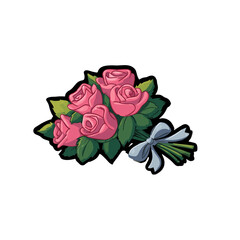 Pink Rose Bouquet Sticker Icon Wrapped Bunch with Leaves Flat Vector