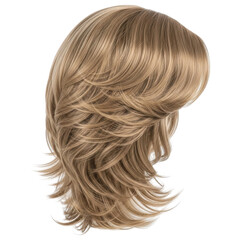 Realistic blonde wavy hairstyle wig for women with side parting on transparent background