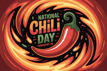 Fiery National Chili Day February 26 bold red hot pepper swirling flames on dark background festive spicy food celebration illustration