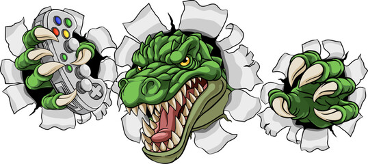 A crocodile, dinosaur or alligator lizard gamer sports video game gaming mascot holding a games controller