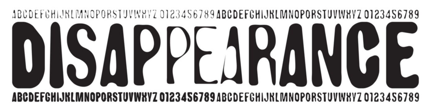 Set of simple rounded distorted font with letters of varying thickness on the theme of disappearance and manifestation. Set of letters and numbers of the latin alphabet. No AI used