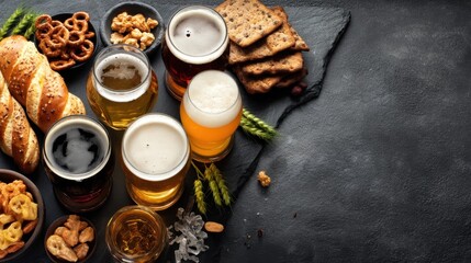 Different types of beer are placed on a dark surface alongside assorted snacks like pretzels cookies and nuts in a casual setting during afternoon time.