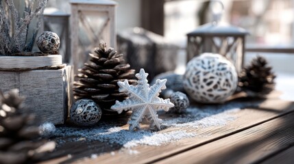 Elegant Winter Still Life with Snowflake and Pine Cones Arrangement