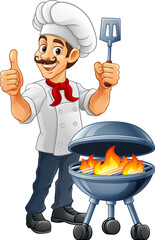 A chef cartoon barbecue cook out brazier cook man giving thumbs up and holding a BBQ spatula mascot character illustration