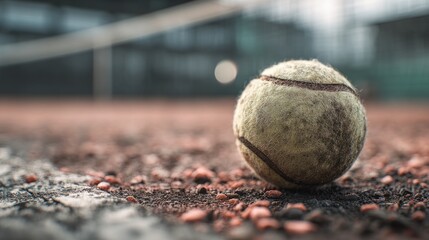 Worn tennis ball rests on the clay court, showcasing intense competition