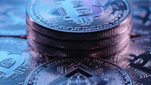 Stacks of Cryptocurrency Coins Bitcoin Ethereum.