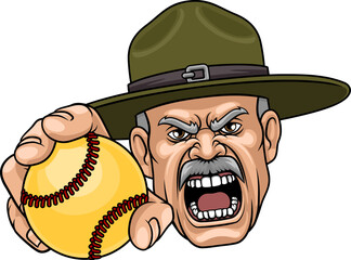 An angry drill instructor or sergeant bootcamp army soldier cartoon character holding softball ball sports team mascot illustration.