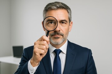 Confident businessman in suit holding magnifying glass to eye, symbolizing inspection, scrutiny, and analysis in office setting. Ai generative. Ai generative