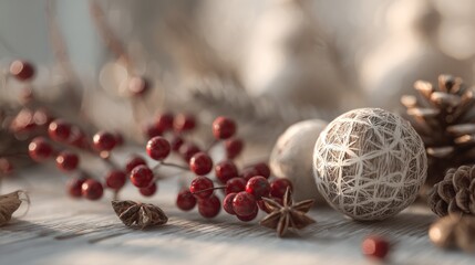 Winter's whisper: A peaceful arrangement of berries, stars, and sphere ornament