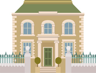 Victorian old English house building. Georgian mansion manor style homes. Vintage British architecture facade illustration.