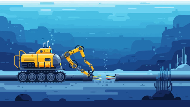 Underwater construction scene with excavator laying pipeline in a blue seabed trench.