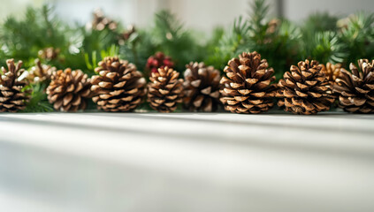 Pine cone garland with evergreen foliage and soft light evoking cozy holiday warmth
