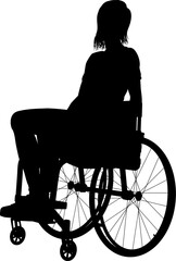 Silhouette of a woman sitting in a wheelchair with a relaxed posture, one arm resting on the side and head slightly tilted.