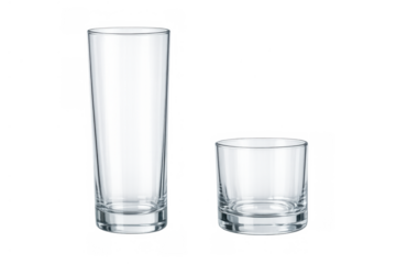 Empty drinking glasses for liquids. Transparent highball and old fashioned glassware on checkerboard background