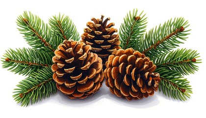 Close-up studio shot of three brown pine cones with textured surfaces, complemented by vibrant green fir branches, set against a white background