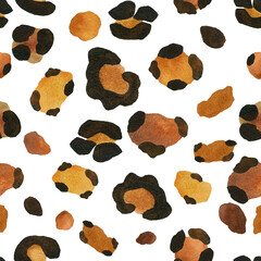 Watercolor leopard print pattern with detailed animal spots in bold black and natural beige tones. Seamless pattern of leopard spots. Hand drawn, isolated on transparent background  © Olga