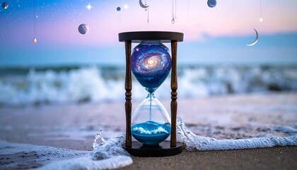 Wooden hourglass with blue sand on beach, cosmic sky with planets and moon phases above.
