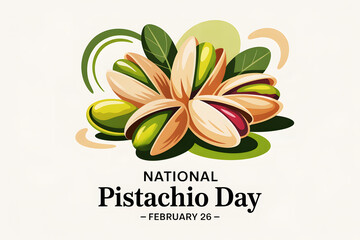 Elegant National Pistachio Day February 26 fresh green pistachio nuts with leaves artistic healthy food celebration illustration