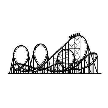 Black and white line art illustration of a thrilling rollercoaster structure