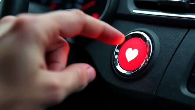 Finger presses a button with a red heart in a car. A symbol of love and romance on Valentine's Day.