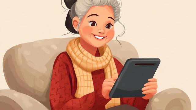 selective focus old woman using language learning app in cartoon style