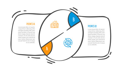 hand drawn doodle sketch comparison concept for infographic template banner with big circle center with tilt centered line and rectangle box behind with two point list information