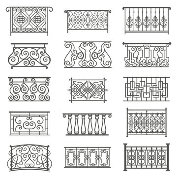Collection of ornate iron railing designs for balconies and staircases