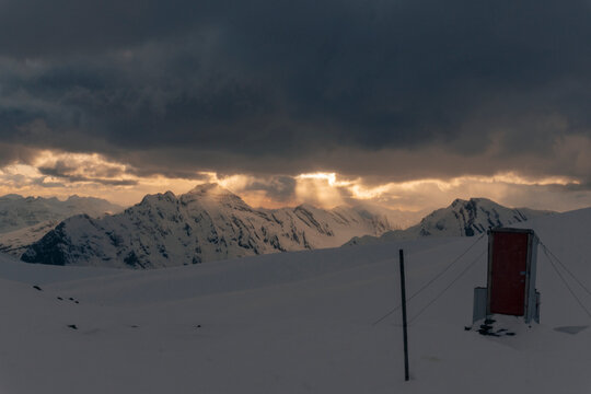 An outhouse at night at the top of the Northern Rockies in Canada.