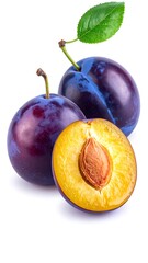 Close-up studio shot of three ripe, purple-skinned stone fruits, one halved to reveal a vibrant yellow interior and seed. Green leaf detail