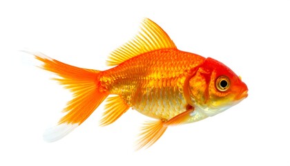 Close-up studio shot of a vibrant, orange goldfish, fins spread, and viewed from its side against a clean white backdrop