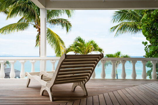 Lounge chair on an empty deck in the tropical Caribbean