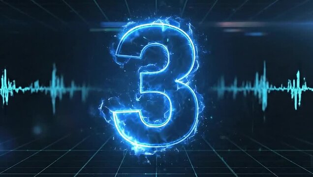 A glowing blue number three appears with dynamic sound waves.