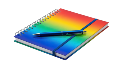 Rainbow spiral notebook with blue pen mockup PNG (नीले पेन के साथ इंद्रधनुषी सर्पिल नोटबुक)