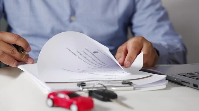 Car buying, selling, or leasing. A customer at a car showroom signs a paper after completing a loan application and financing documents. A customer at a dealership signs financial documents, camera cl
