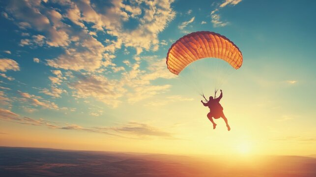 Man jumps with parachute at sunset. Motion speed, Skydive background.