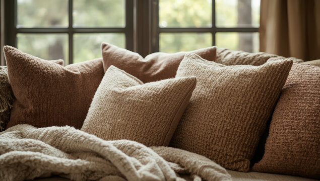 Cozy neutral living room pillows and textured throw on sofa by window, warm inviting mood