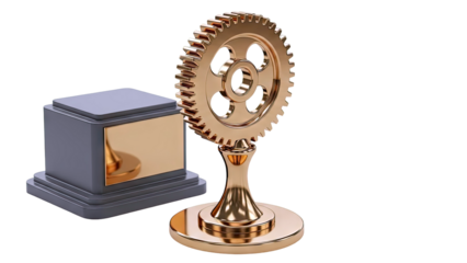 Gold Gear Trophy Beside a Grey and Gold Award Base
