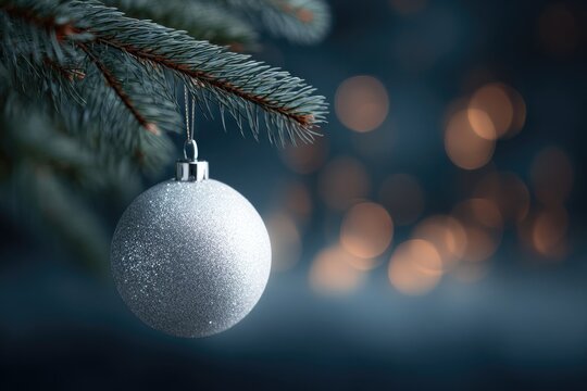 Shimmering silver ornament hangs delicately from evergreen branc