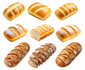 Various types of sliced artisan bread loaves with crusty and soft textures, isolated on white background, concept of bakery