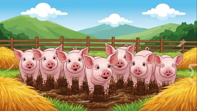 Cute Cartoon Pigs Playing in Mud on a Farm