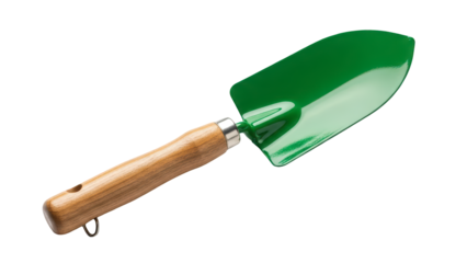 Green metal garden trowel with wooden handle isolated PNG (लकड़ी के हैंडल वाला हरा बागवानी खुरपा)