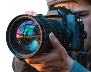 Photographer holding camera lens isolated on transparent background isolated on transparent background