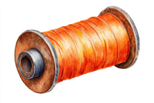 Watercolor illustration of a vibrant orange spool of thread showcasing its intricate texture and color against a white background, ideal for textile and craft enthusiasts