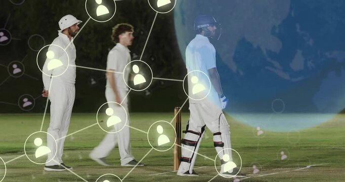 Bowler reaching batsman shoulder fielder passing data starting globe nodes filling pitch for sports