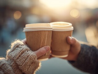 Two takeaway coffee cups held together in warm morning light