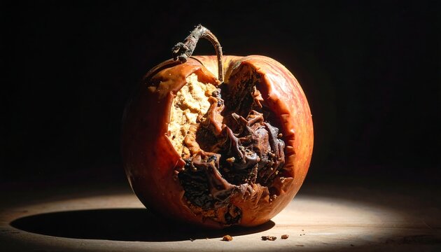 Close-up studio shot of a decaying apple. Dark lighting highlights the rotten flesh and wrinkled skin, revealing the ravages of time