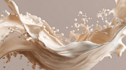 Dynamic splash of beige liquid creates abstract and captivating visual, resembling cosmetic cream or beverage. smooth texture and fluid motion evoke sense of elegance and energy.