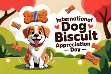 Cute International Dog Biscuit Appreciation Day smiling puppy with tasty treats hearts and playful park background adorable pet illustration